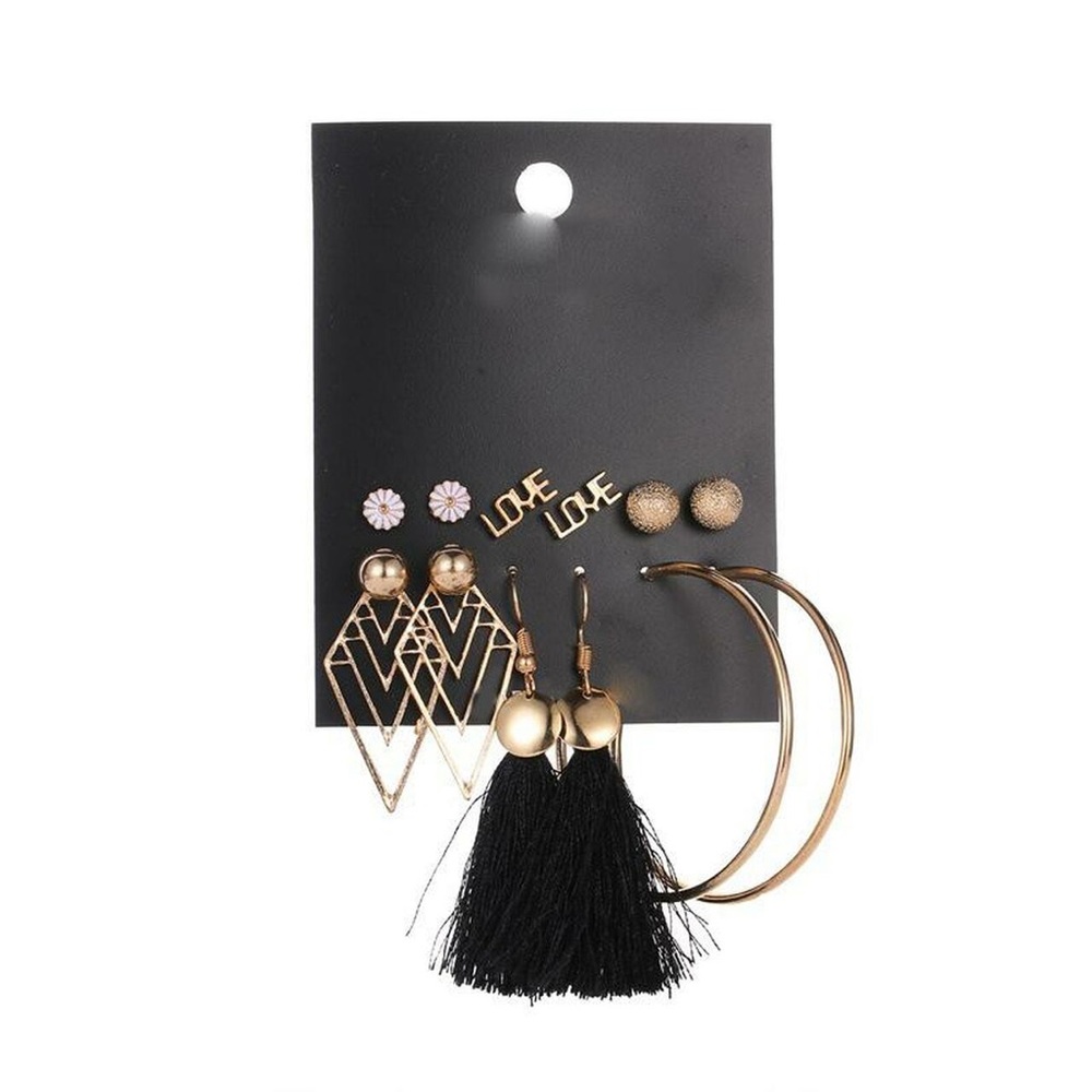 Lovely Diamond Black Circular Earrings 6 Pairs Set